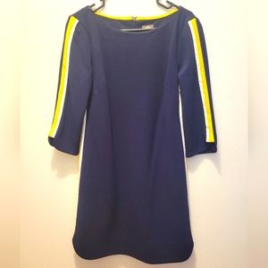 Vince Camuto Navy Sheath Dress with Lateral Yellow and White Stripe Details,Sz10